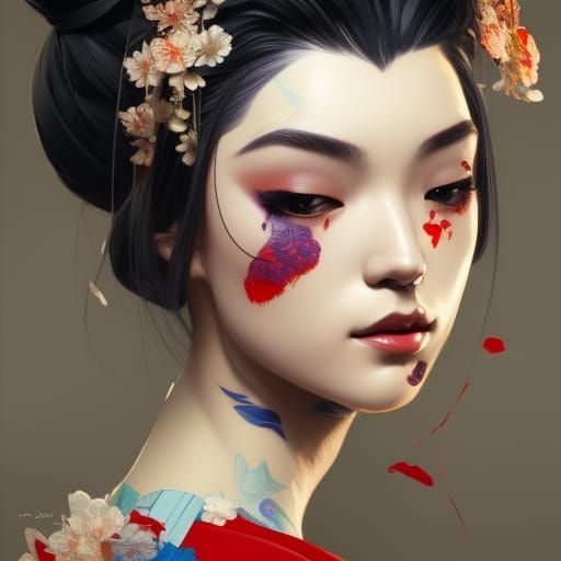 Geisha Portrait in Hyperdetailed Splash Art Style