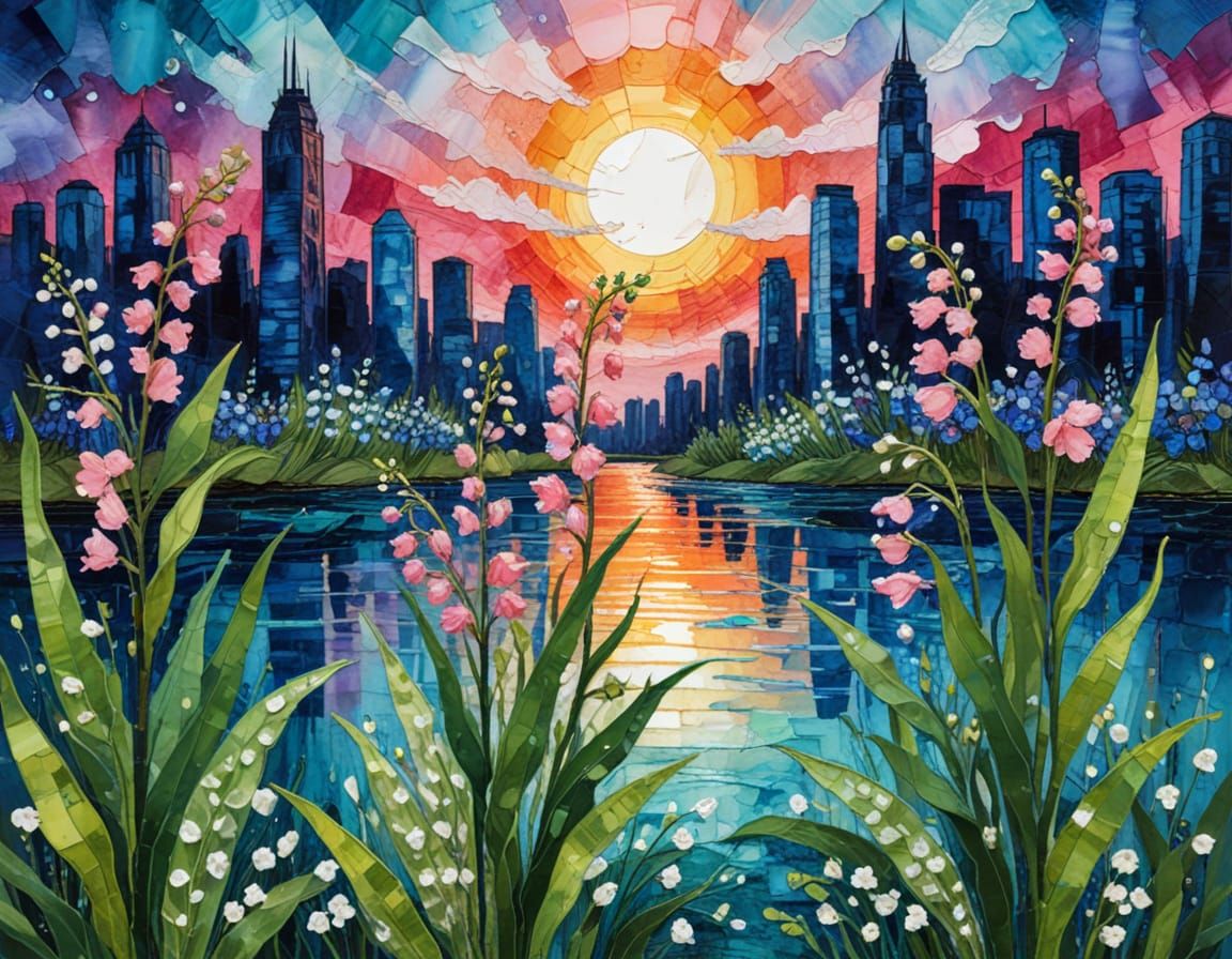 Vibrant Cityscape in Drip Painting Style with Lily of the Va...