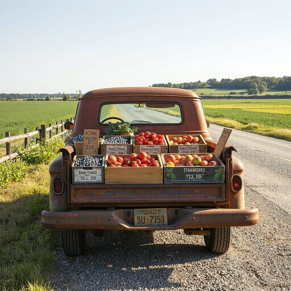 Rustic Berry Truck Market in Summer Sunlight
