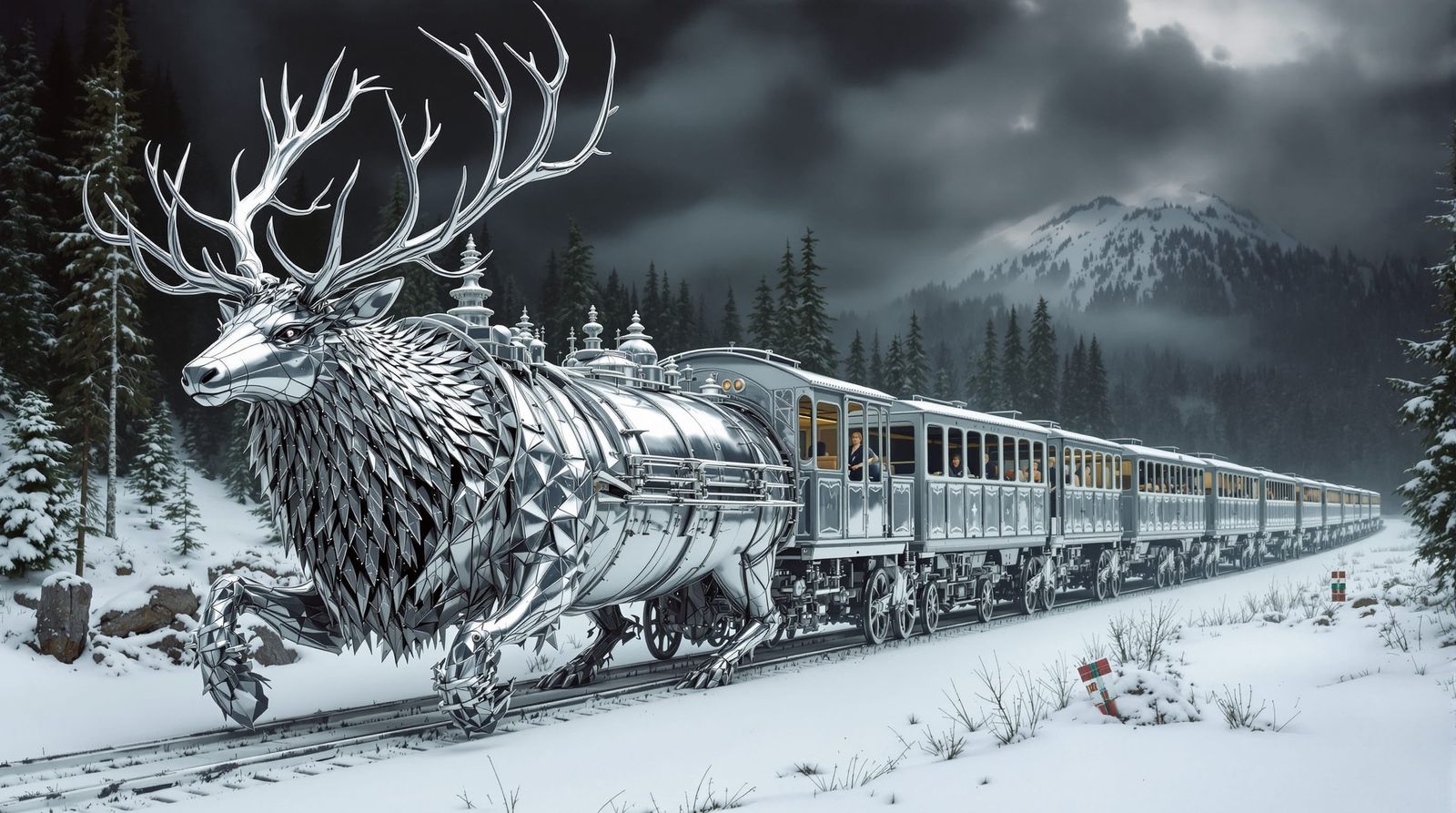 Surreal Silver Stag Train Winding Through Landscape