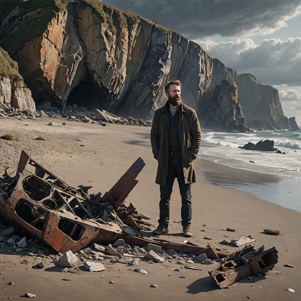 Bearded Man Inspects Wreckage on a Dramatic Beach