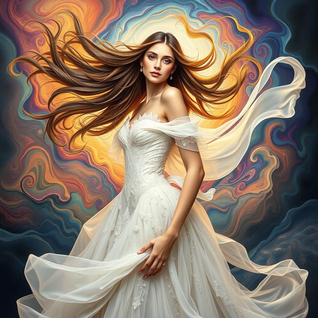 Ethereal Woman in Flowing White Gown, Surreal Dreamscape