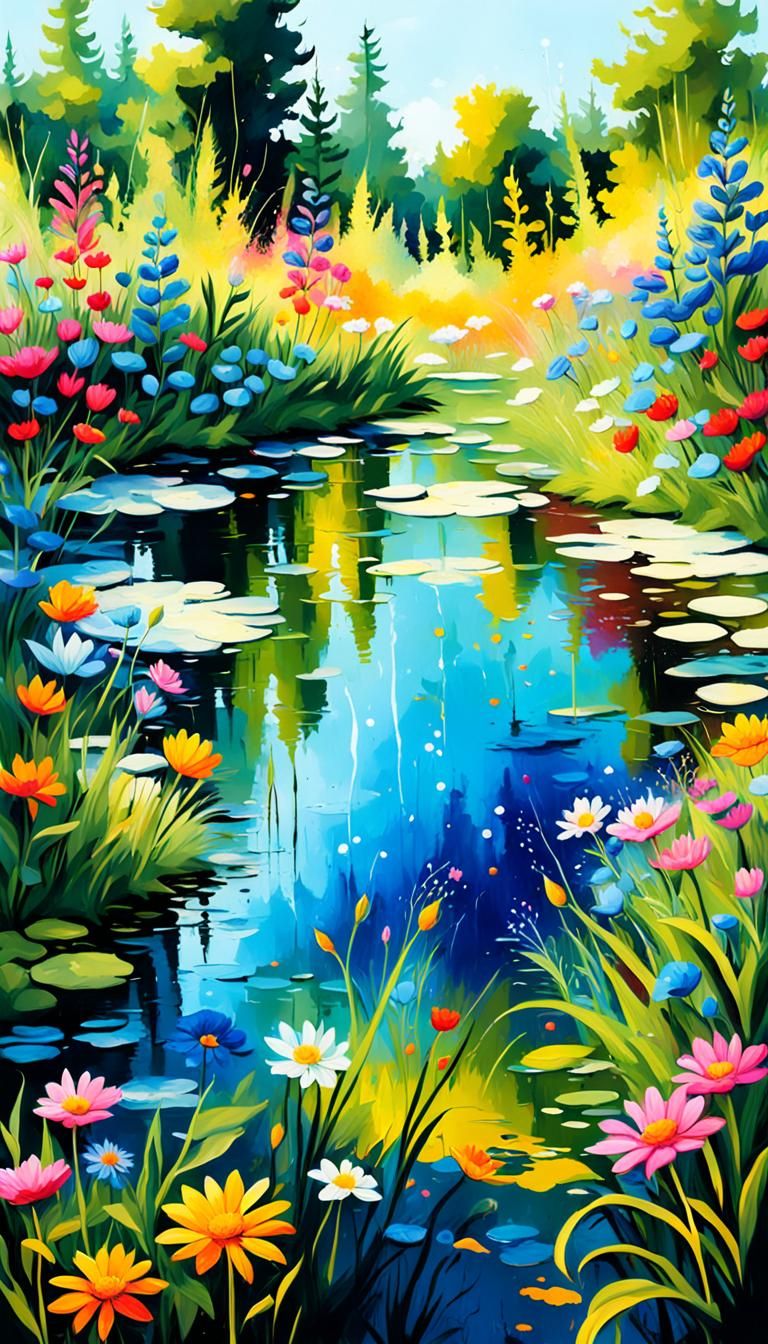 Colorful Overgrown Garden with Pond in Splash Art Style