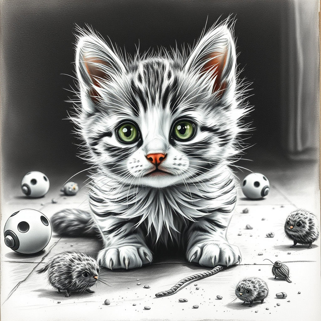 Curious Kitten in Charcoal Drawing Style