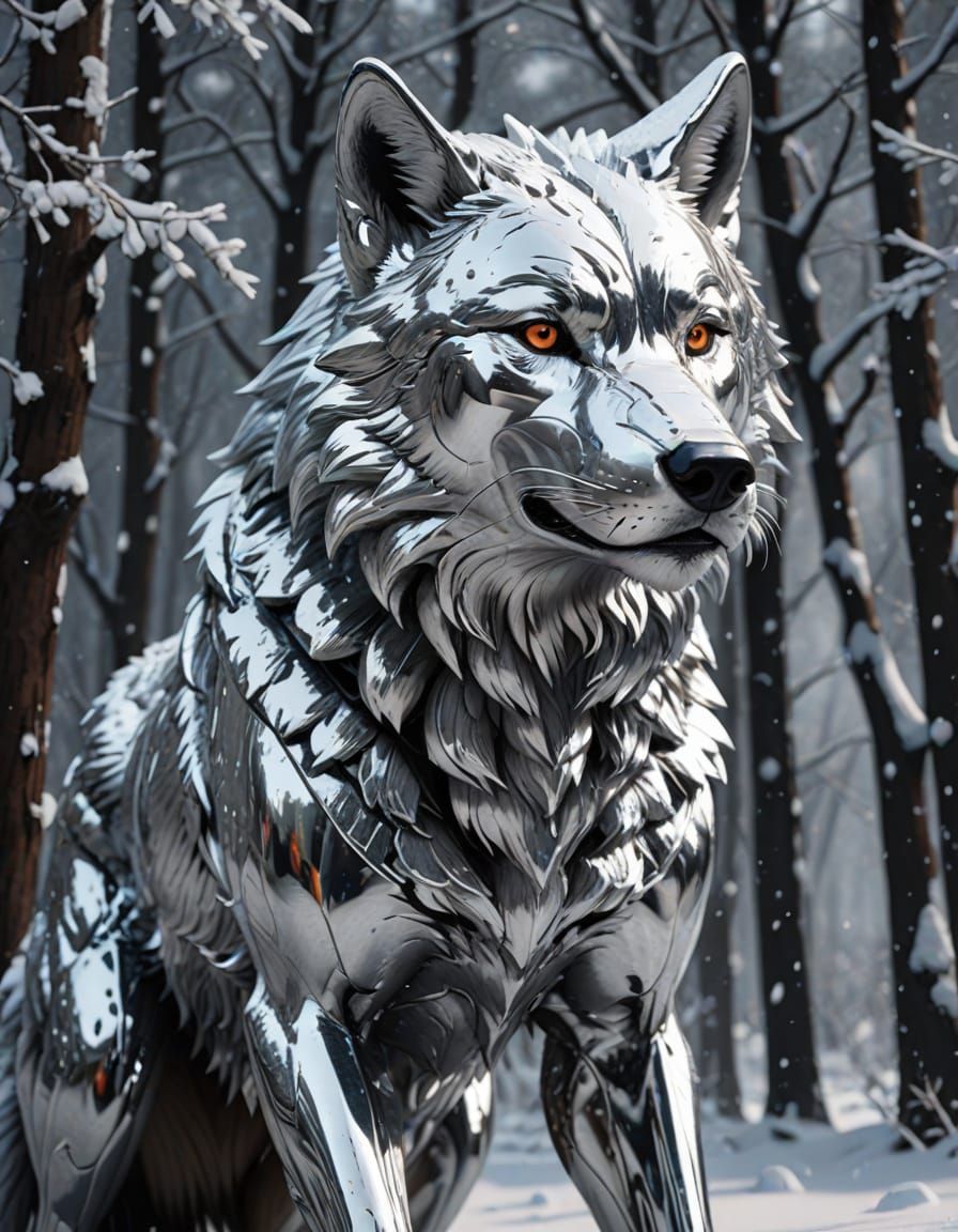 Hyperrealistic Chrome Wolf in Monochromatic Snowy Landscape