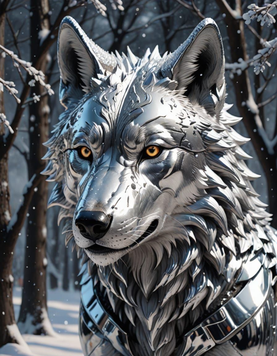 Hyperrealistic Chrome Wolf in Monochromatic Snowy Landscape