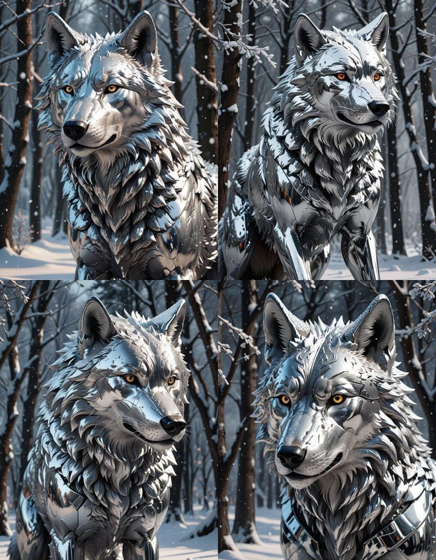 Hyperrealistic Chrome Wolf in Monochromatic Snowy Landscape