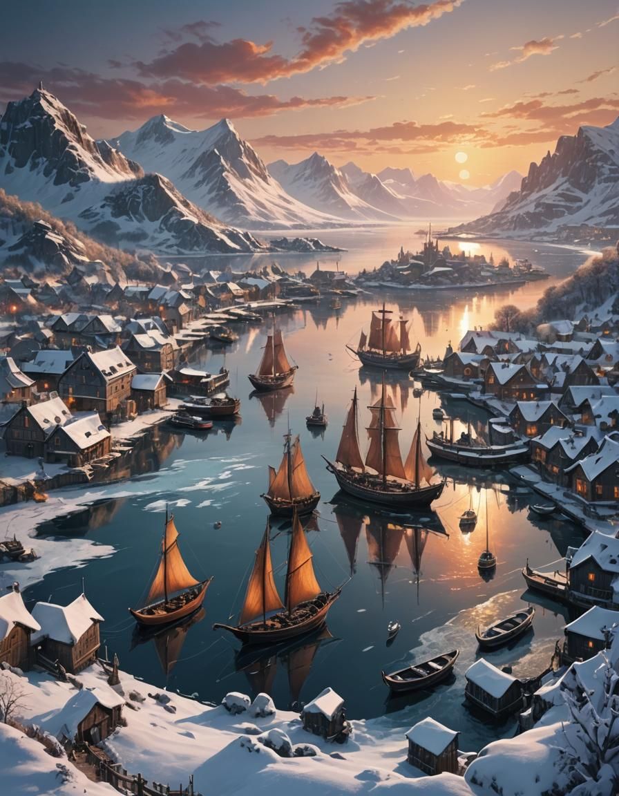 Winter Dragon View of a Frozen Fantasy Harbor