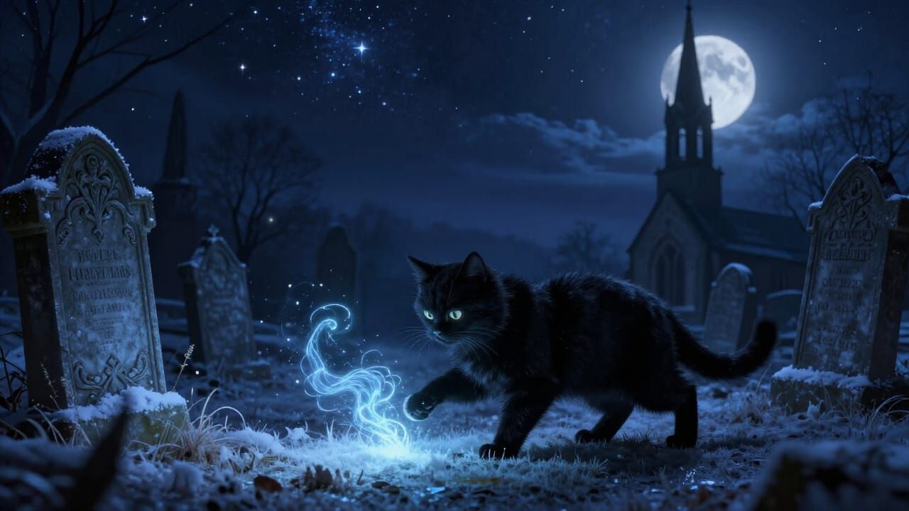 Yule Cat Chases Glowing Whisp in Moonlit Churchyard