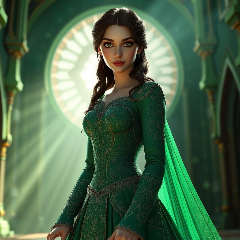 Medieval Woman in Emerald Gown: 3D Digital Art
