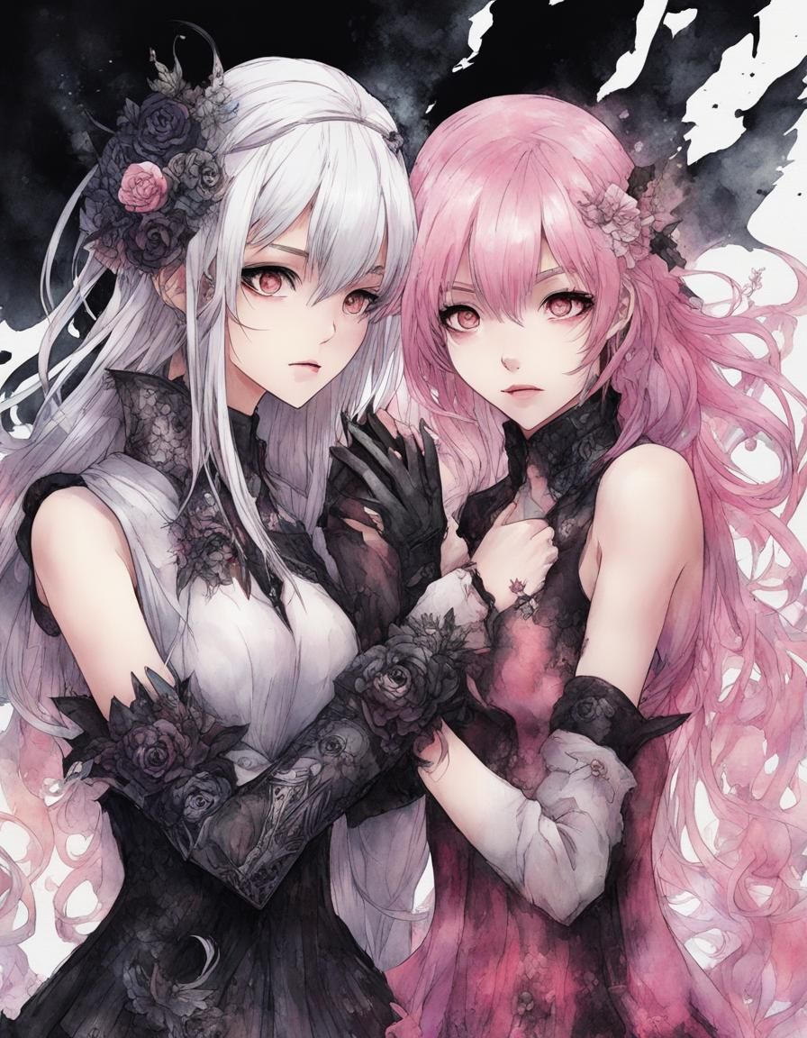 Gothic Anime Girls Holding Hands in Watercolor
