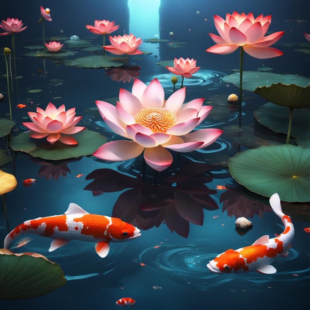 Koi Fish and Lotus Flower: Fantasy Concept Art