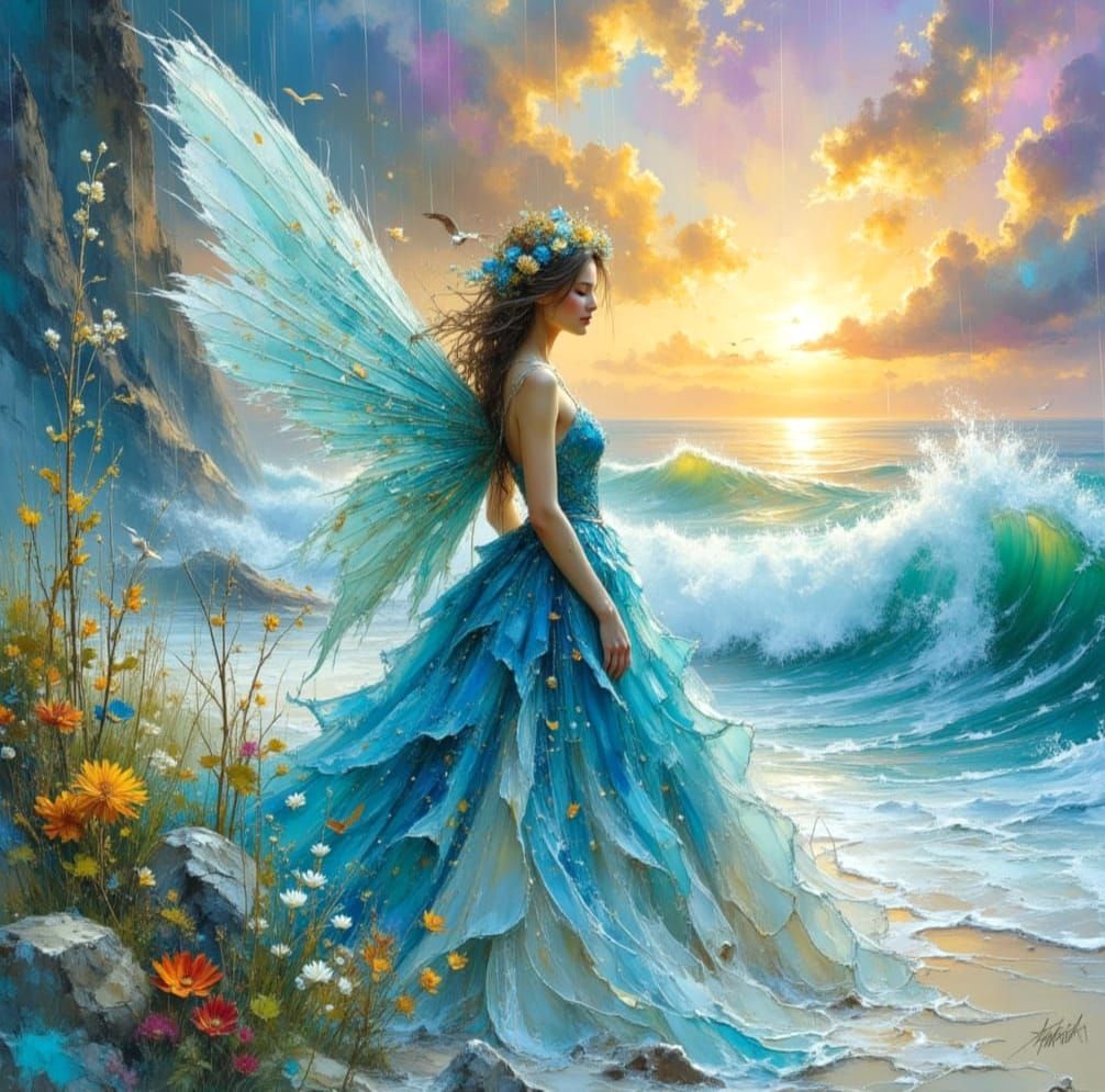 Ethereal Ocean Fairy at Sunrise in Impasto Style
