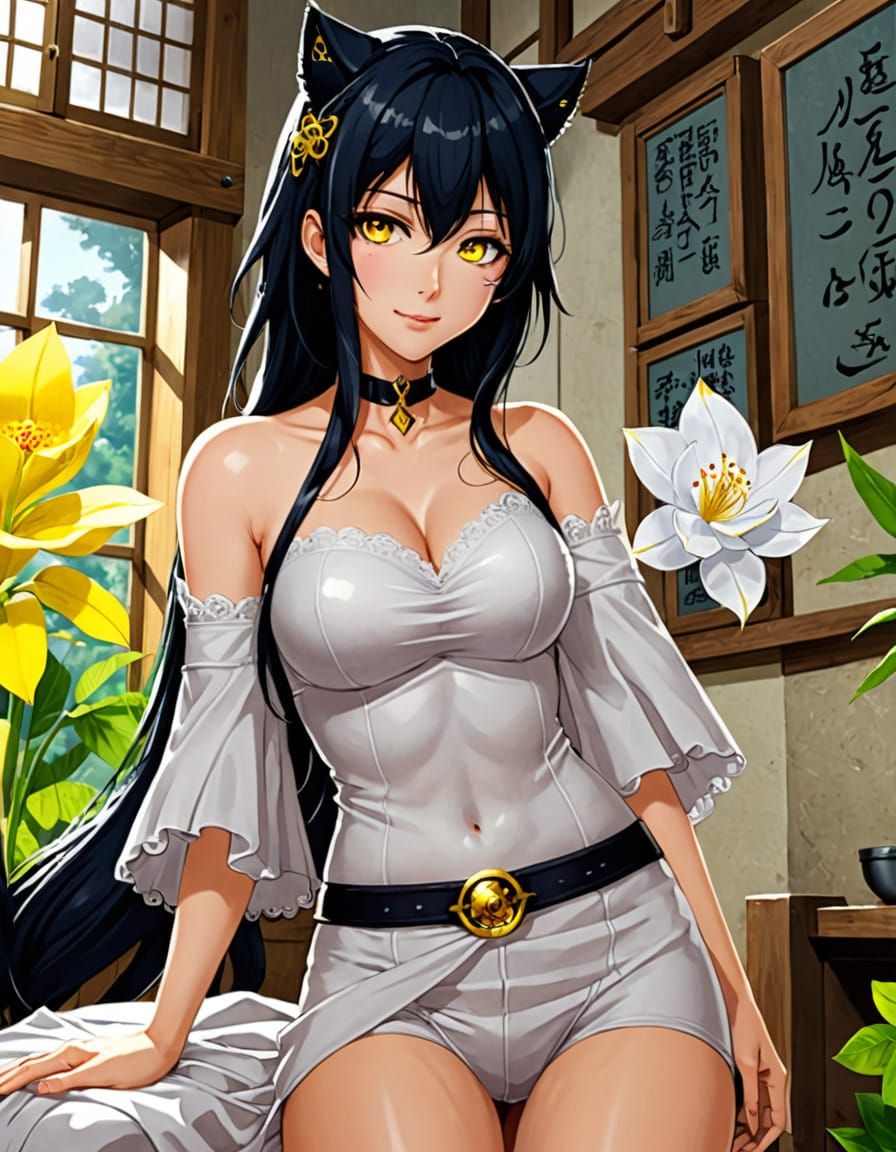 Anime Girl with Flowing Black Hair and Yellow Eyes