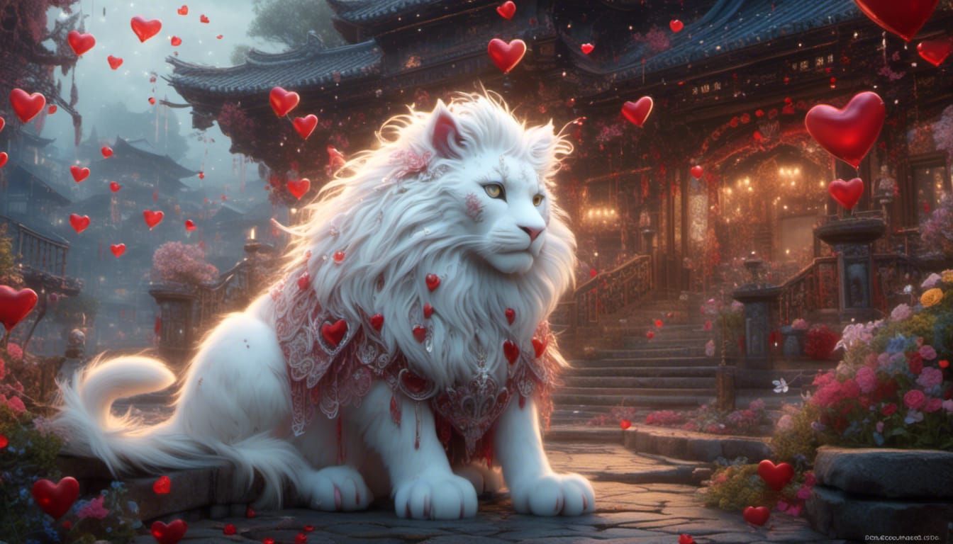 <lora:Dolls alike:1.0> chibi mainecoon white lion kitten snowy,red hearts ethereal fantasy hyperdetailed mist Thomas Kin...