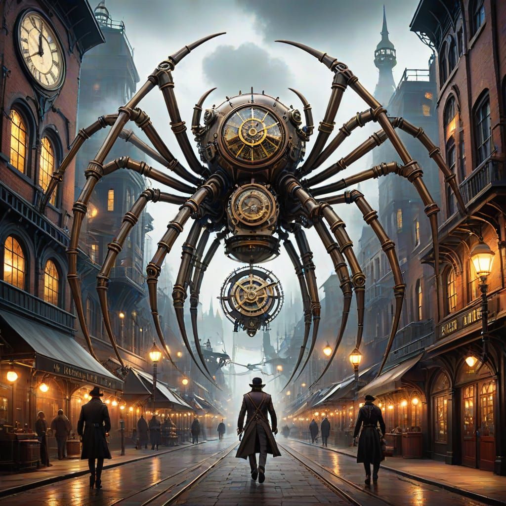 Giant Clockwork Spider in Steampunk City