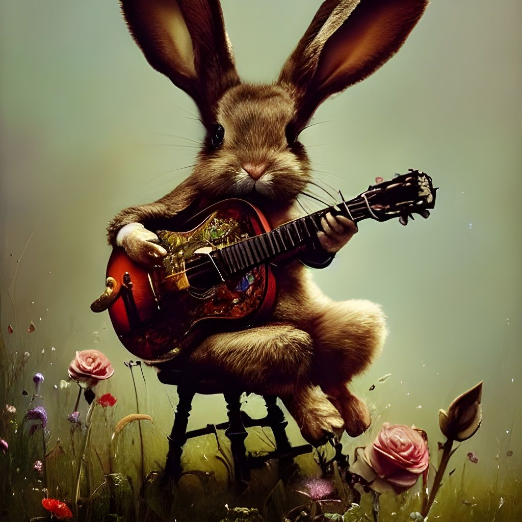 Portrait of a cute and adorable bunny playing guitare ...