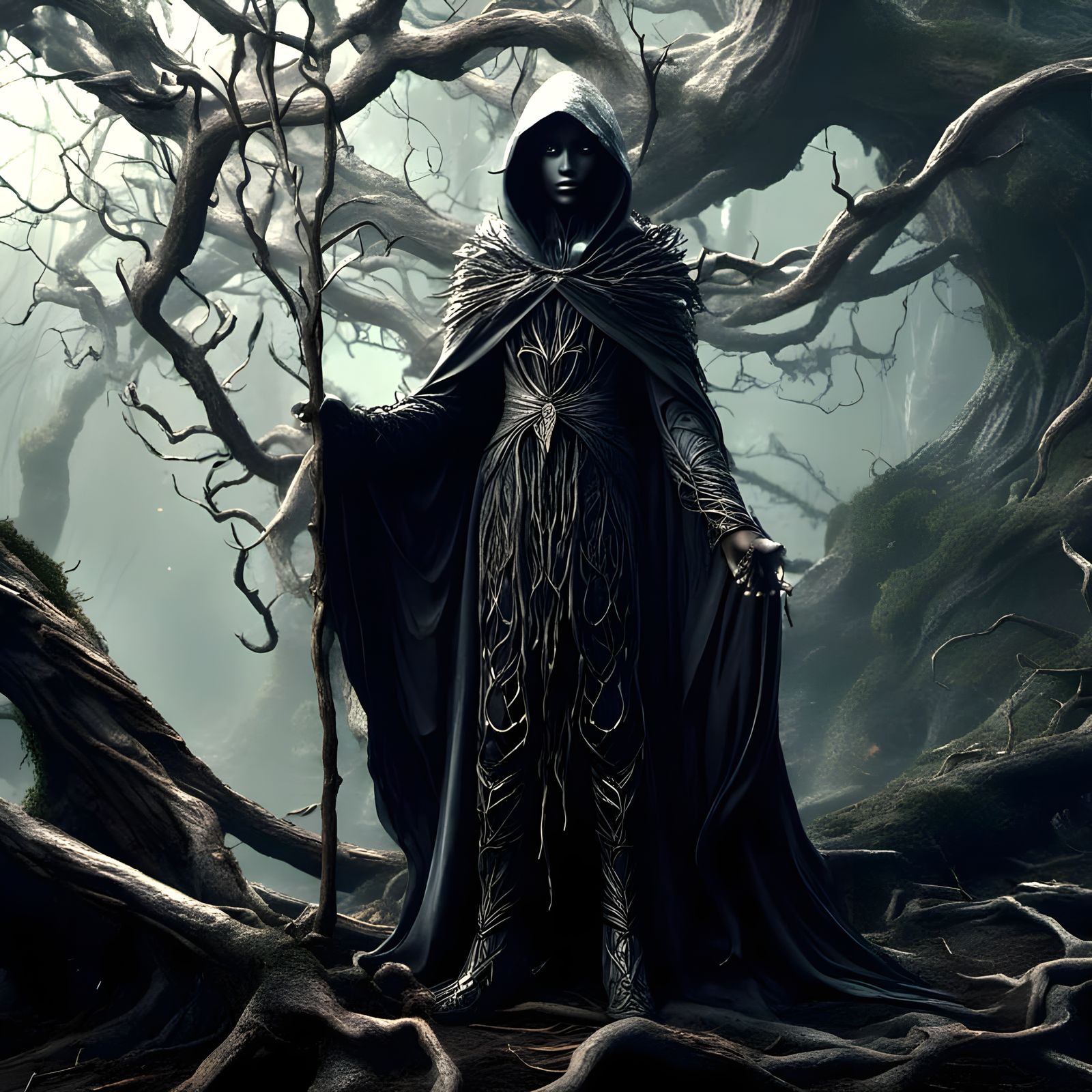 Elven Mage in Grim Forest: Dark Fantasy Art