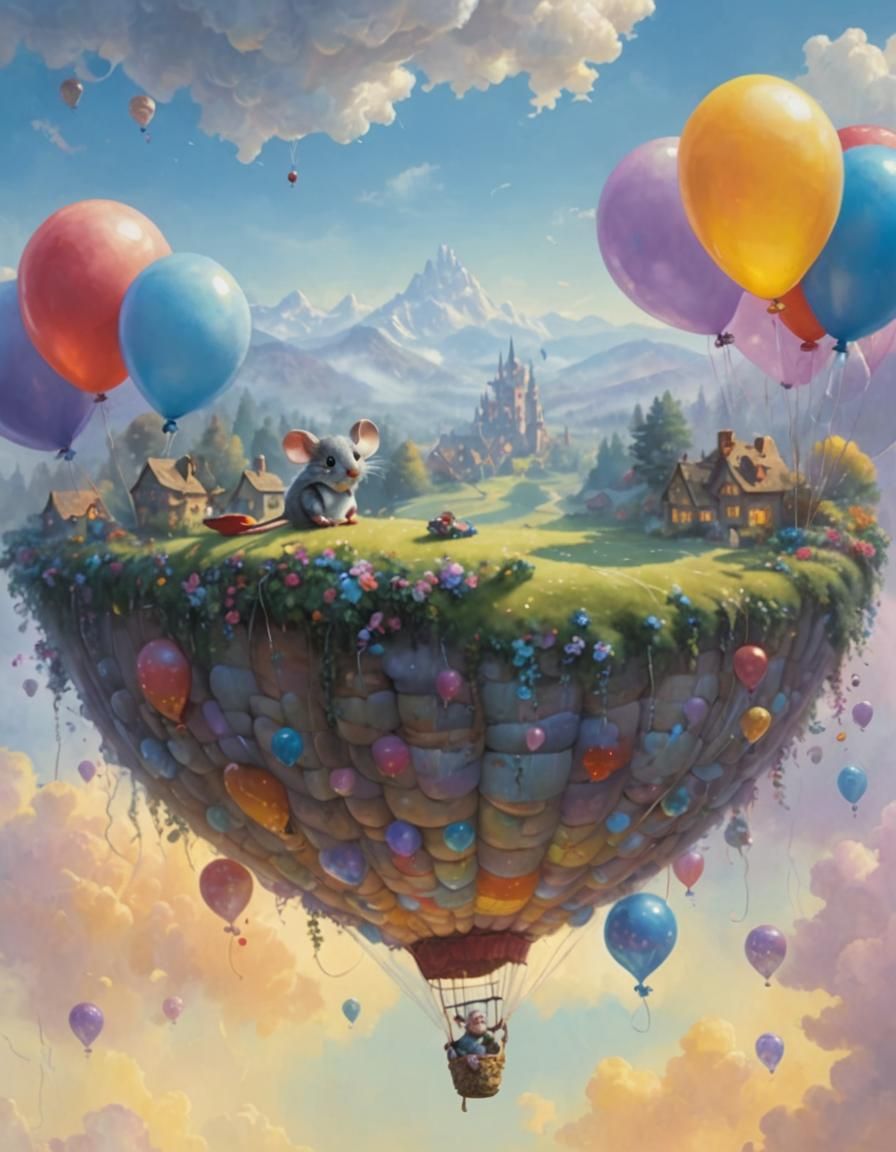 Mouse on Balloons in Ethereal Fantasy Landscape
