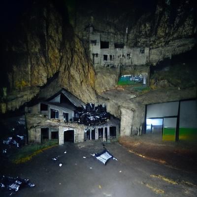 Abandoned Building in a Dark, Enormous Cave