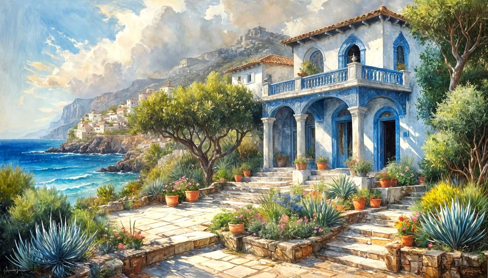 Sun-Kissed Mediterranean Villa in Watercolour Style