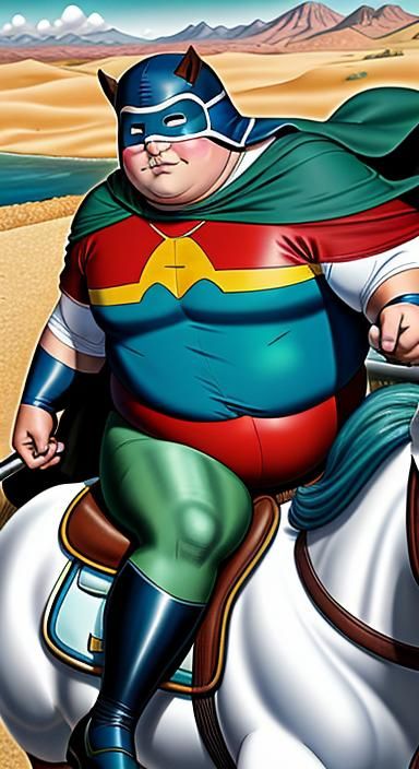 Obese Superhero on Pony, Botero-Style Cartoon