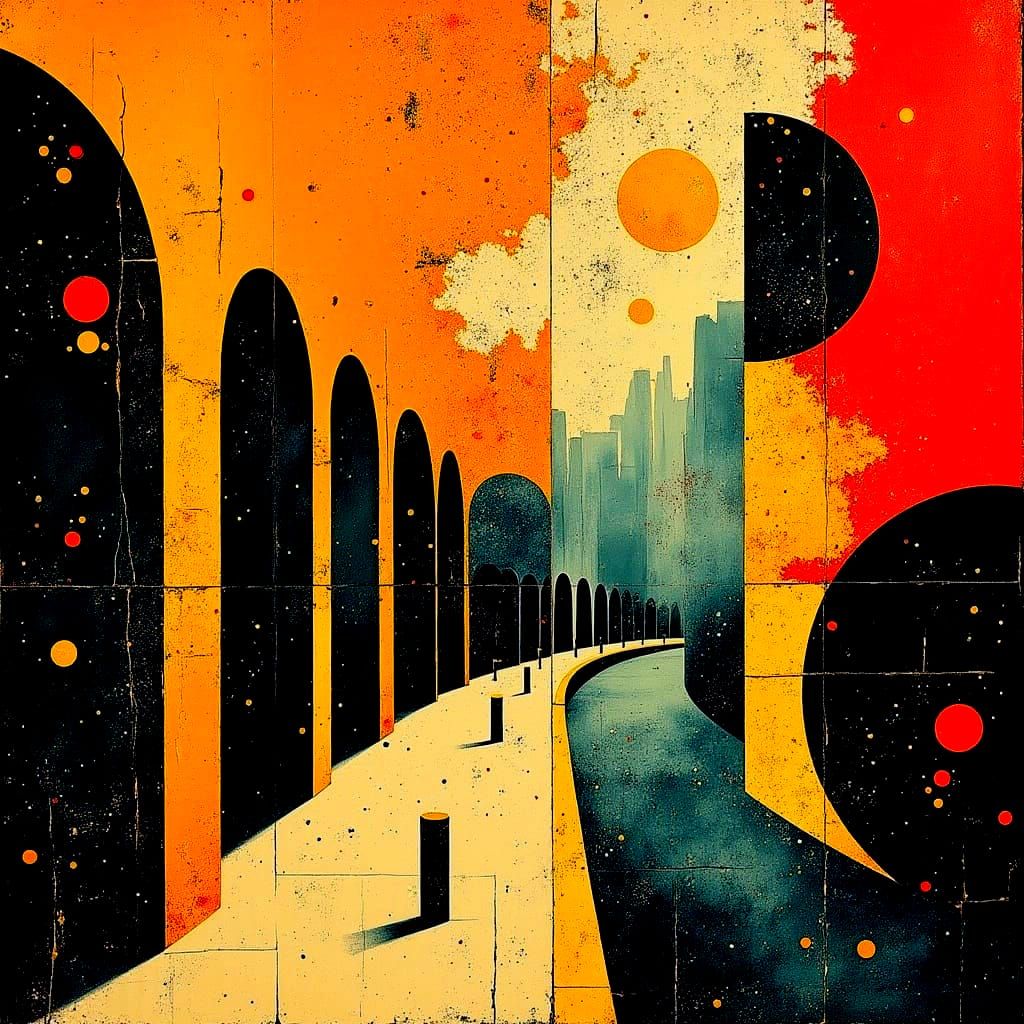 Vibrant Neo-Cubist Train Station in Deep Colors