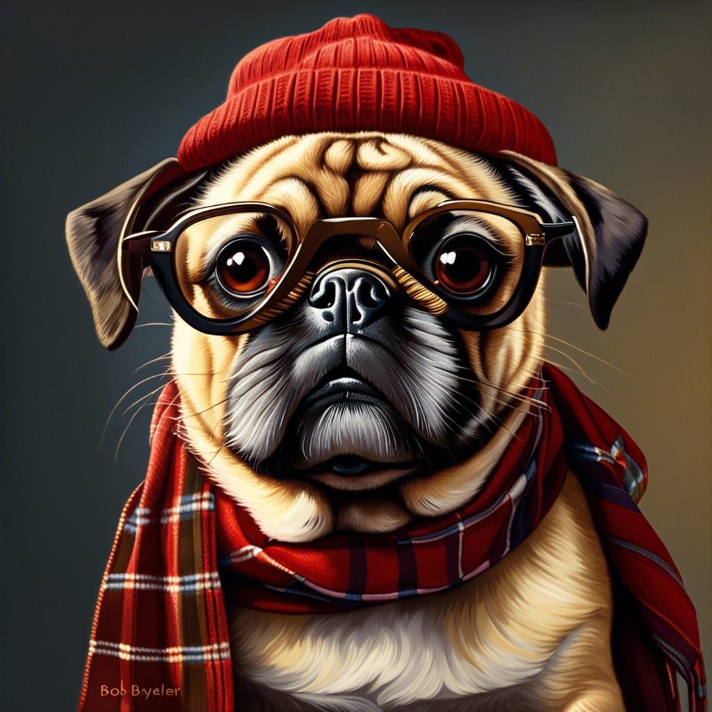 Pug Portrait with Scarf and Glasses as Oil Painting