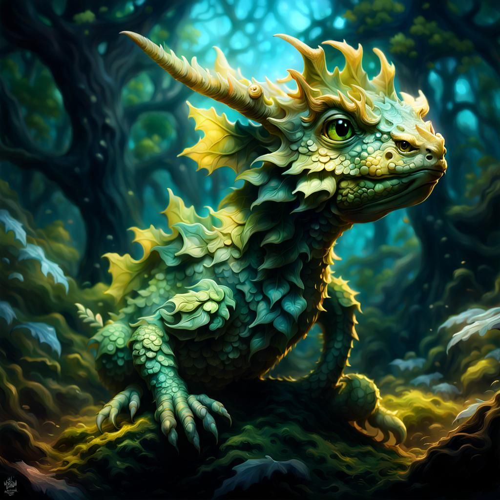 Adorable Leafy Dragon Portrait in Digital Illustration Style