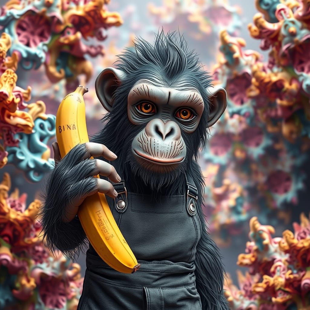 whimsical APE hybrid creature with stitched leather skin, dr...