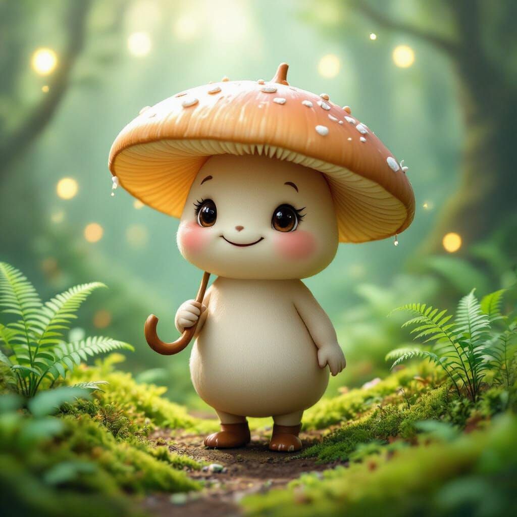 Mushroom Character with Umbrella in Fantasy Forest