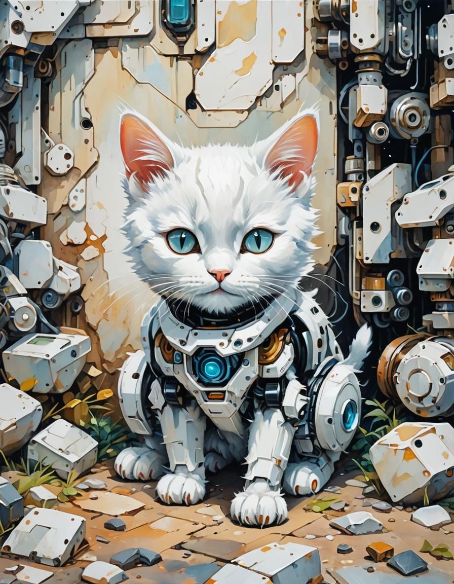 Futuristic White Cat Sleeping in Gouache Style
