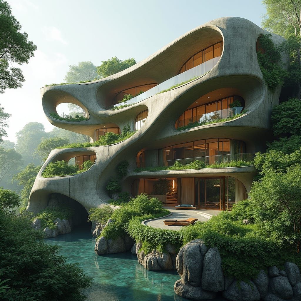 Futuristic Organic Concrete Structure with Greenery and Larg...