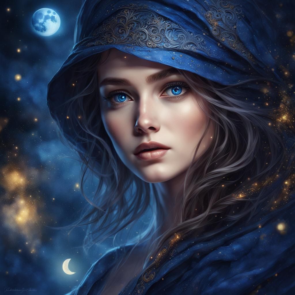 Mystical Watercolor Girl with Blue Eyes in Dark Night