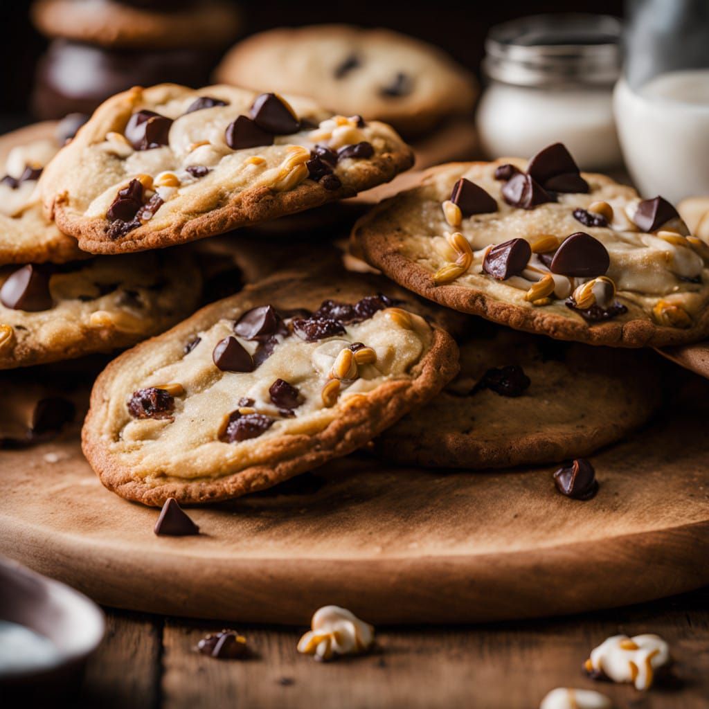Warm Chocolate Chip Cookies on a Rustic Wooden Surface