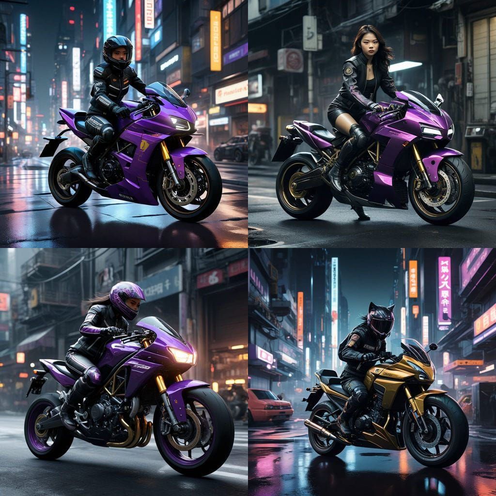 Fast Asian Woman Performs a Wheelie on a High-Tech Motorcycl...