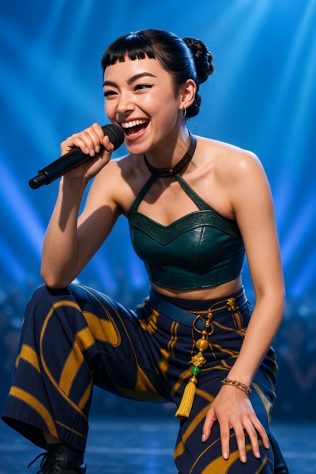 Zoey Rapping on Stage Under Blue Lights