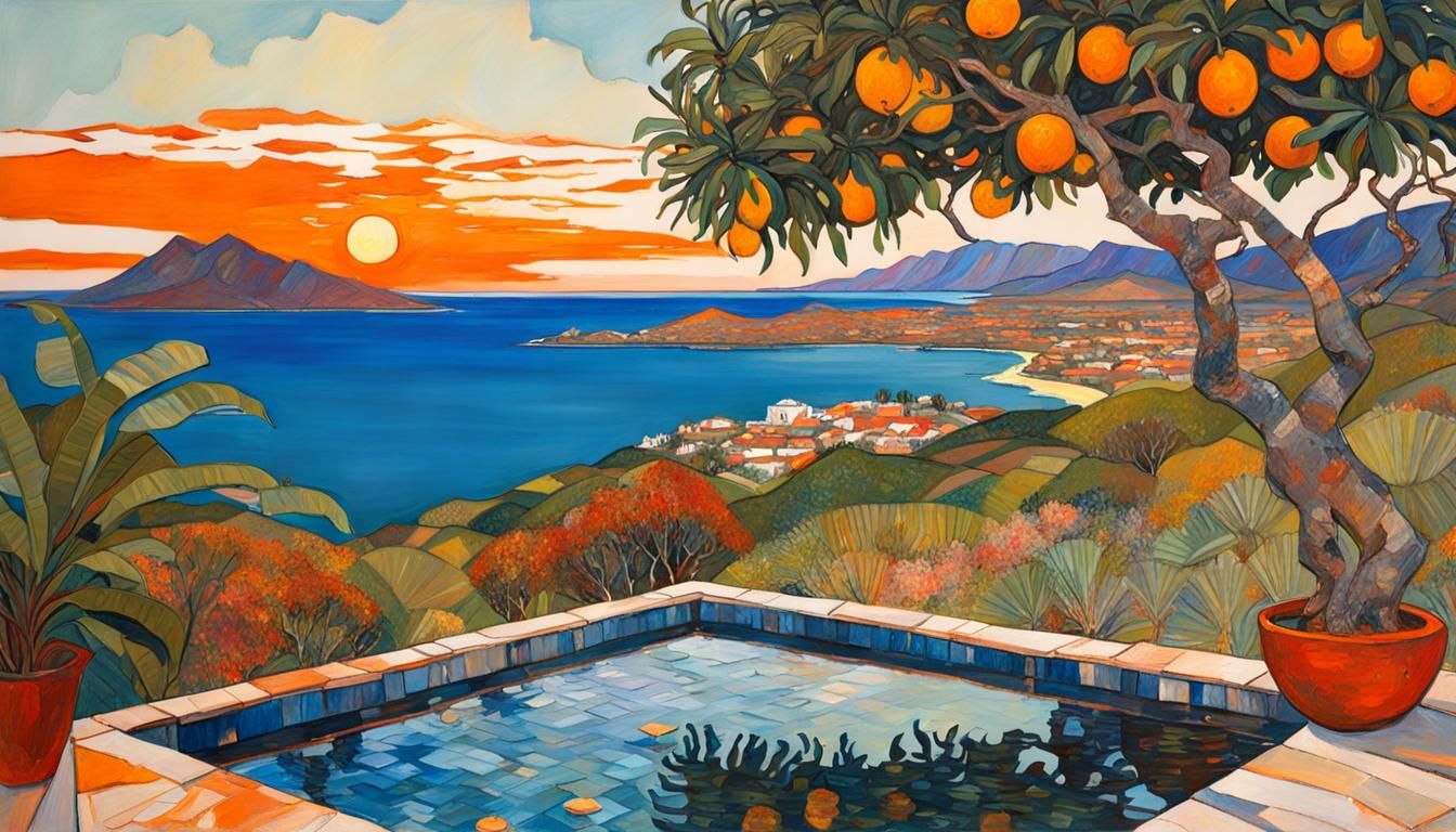 Tropical Island Sunset with Infinity Pool and Citrus Trees