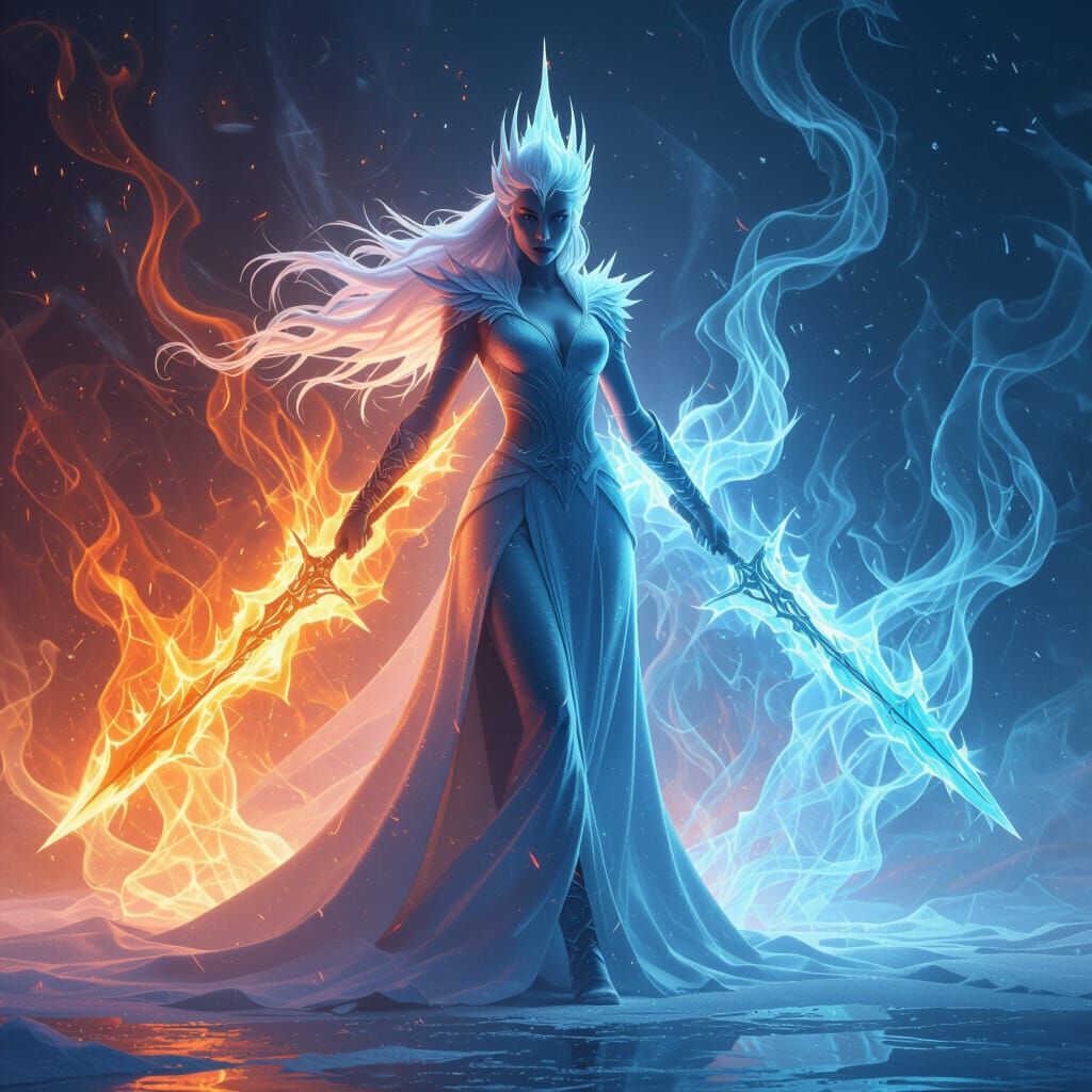 Ice and Fire Goddess in Dramatic Digital Painting Style