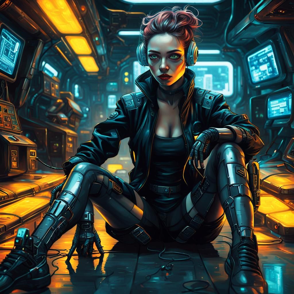 Black Outfit Cyber Girl in Spaceship Command Center