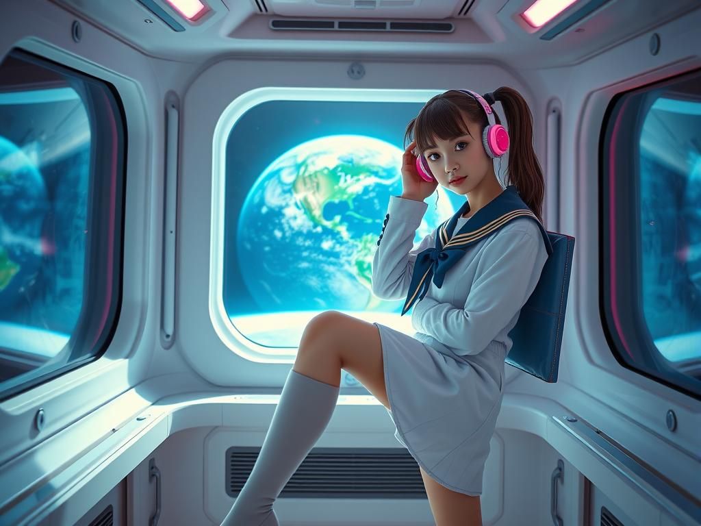 Girl in School Uniform Poses in Space Station
