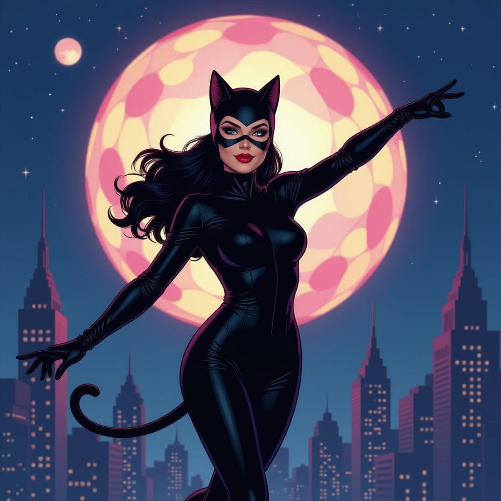 Catwoman Flies Over City in Retro-Futuristic Style