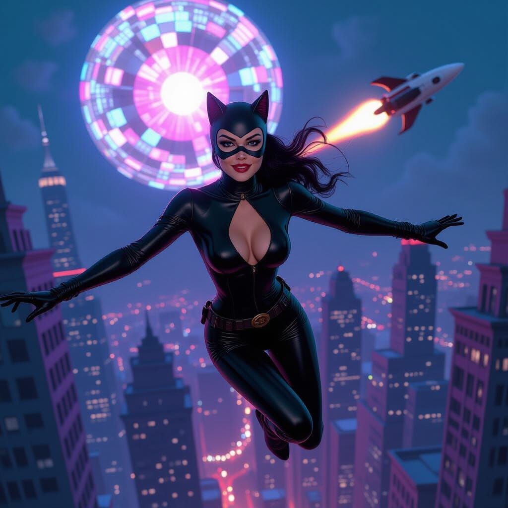 Catwoman Flies Over Neon City in Art Nouveau Style