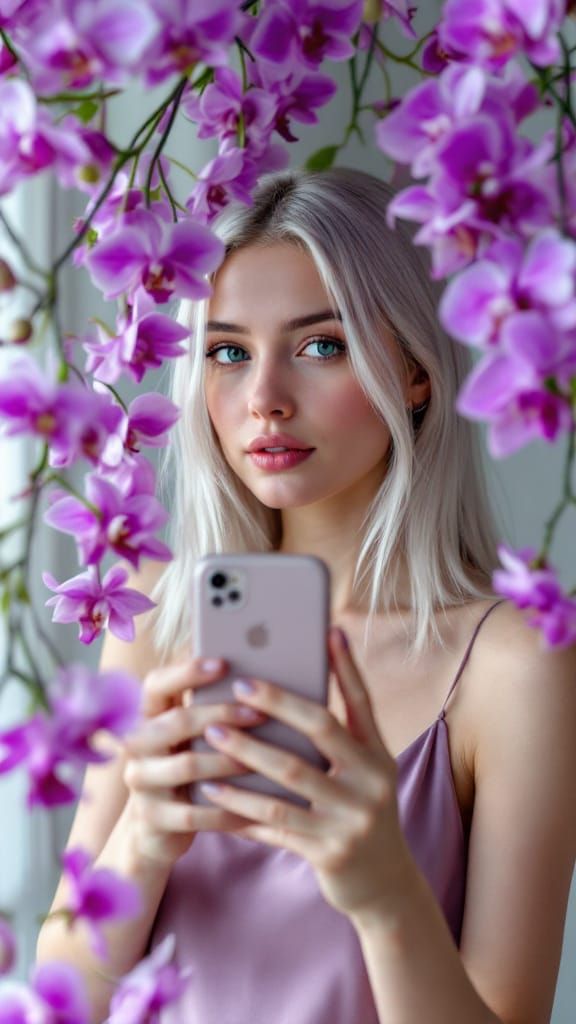 Woman's Selfie Framed by Purple Orchids
