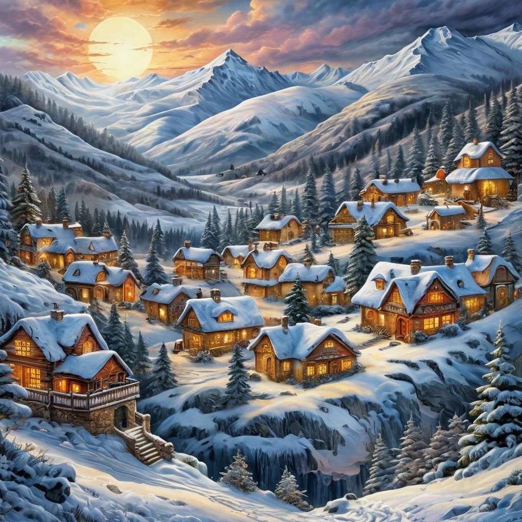 Snowy Christmas Hills Landscape Painting