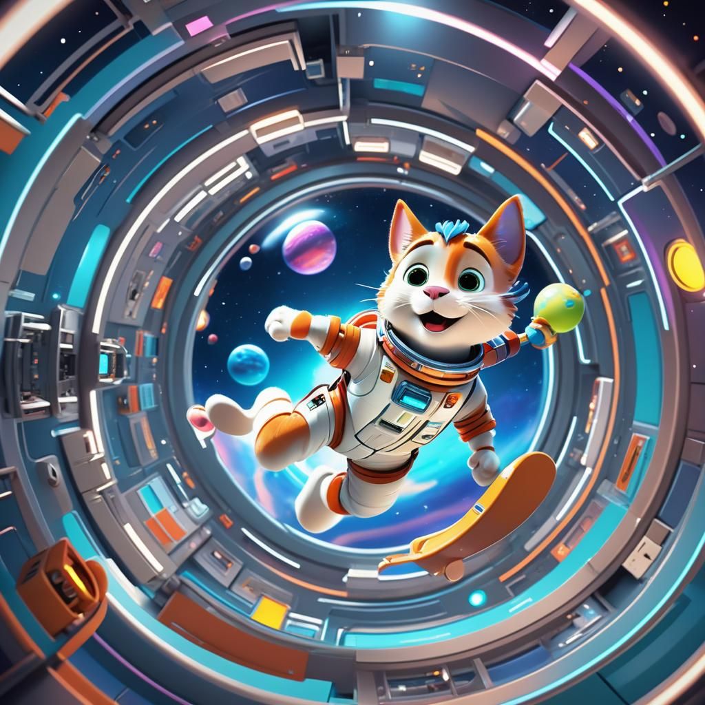 Astro Cat Exploring Spaceship in Pixar Style 3D