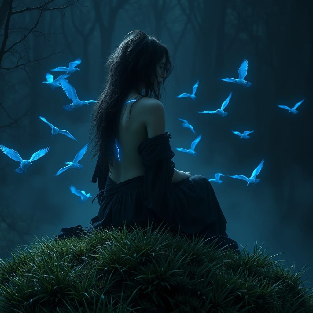 Ethereal Woman in Mystical Forest at Night