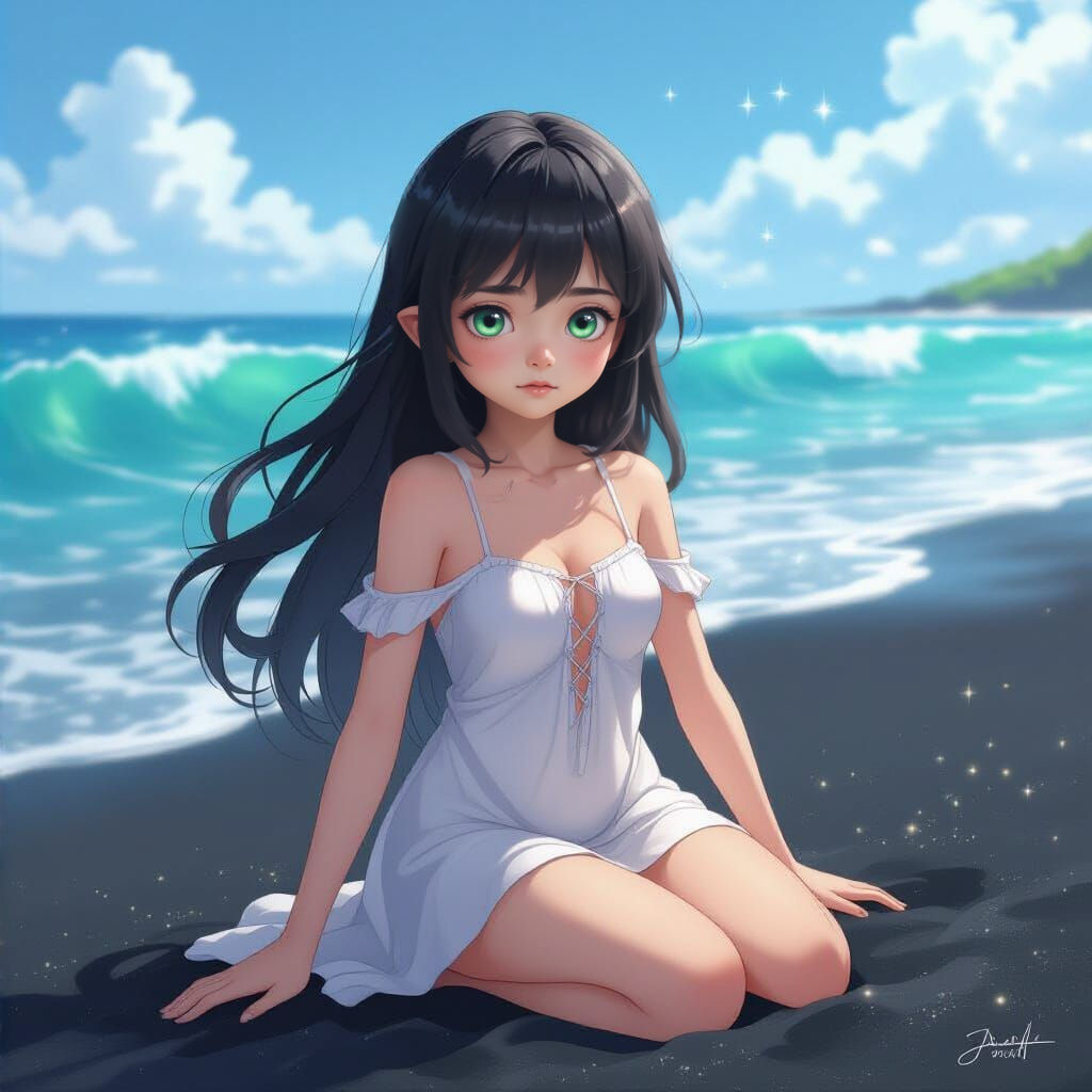 Anime Girl on Black Sand Beach with Emerald Waves