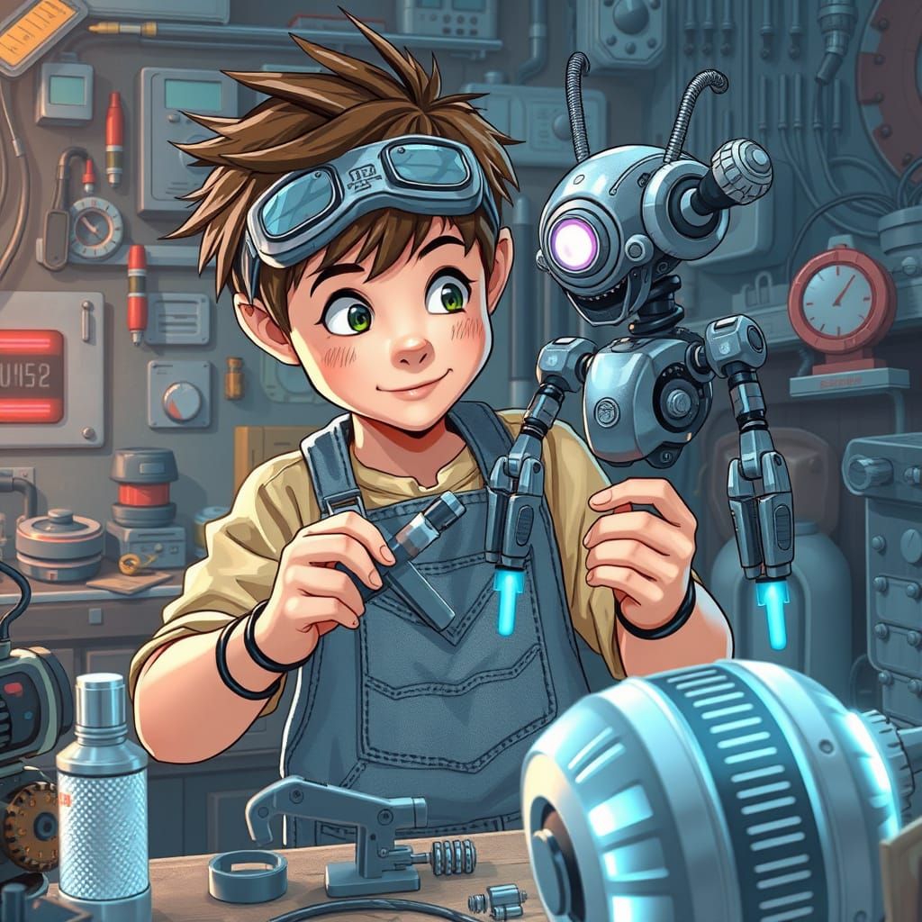 Young Inventor Crafts Futuristic Robot with Advanced Tools