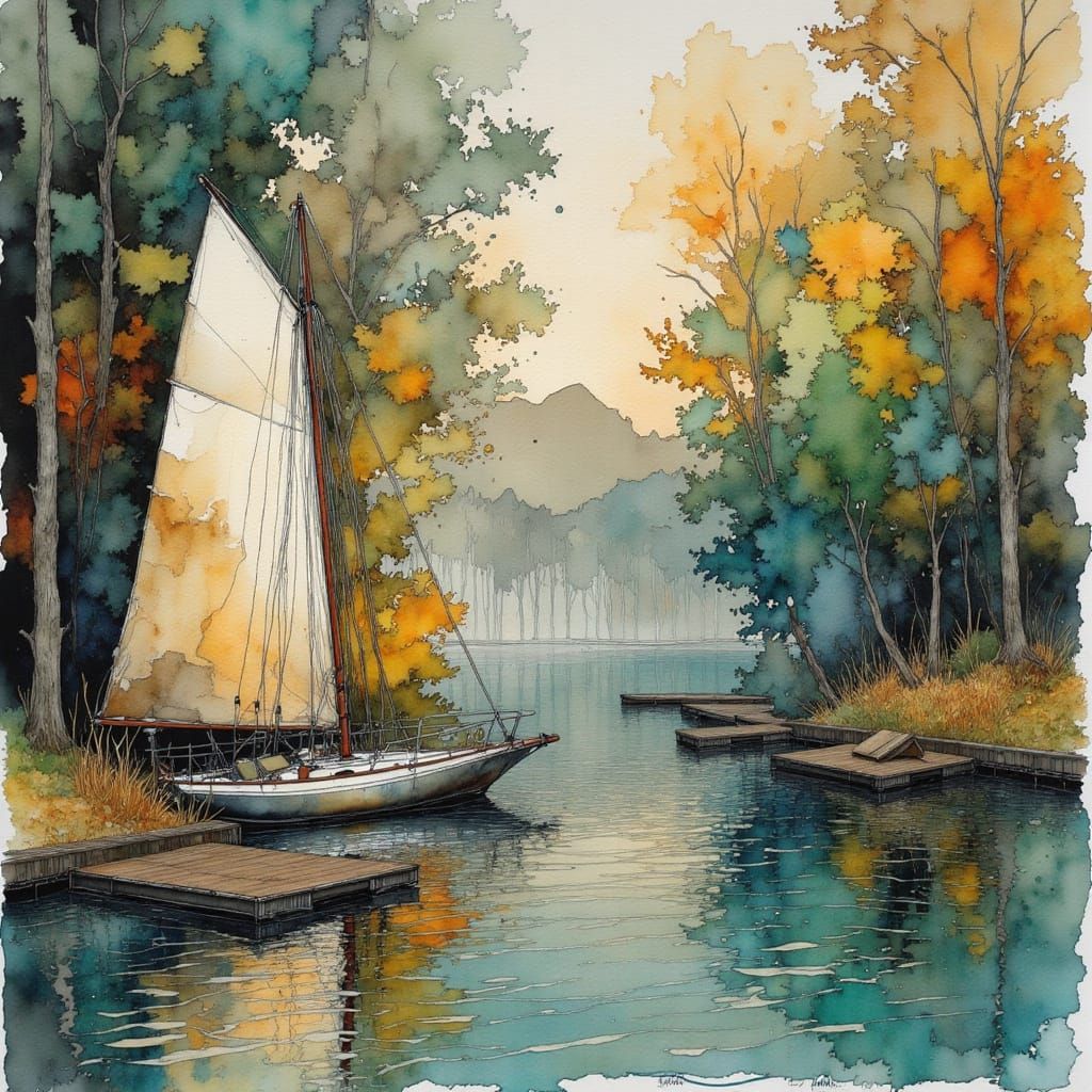 Impressionist Sailboat on Lake with Gold Veins